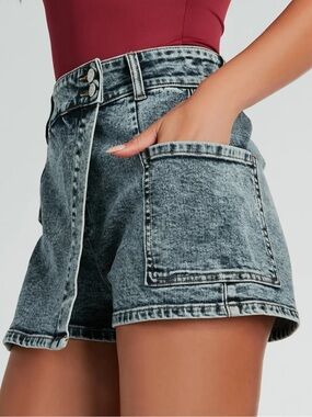 Windsor Trendy Impression Acid-Wash Denim Wrap Skort - Grey-Blue